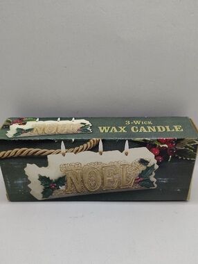 Vintage NOEL 3-Wick Wax Candle - Green and Gold Holiday Design 7" Long